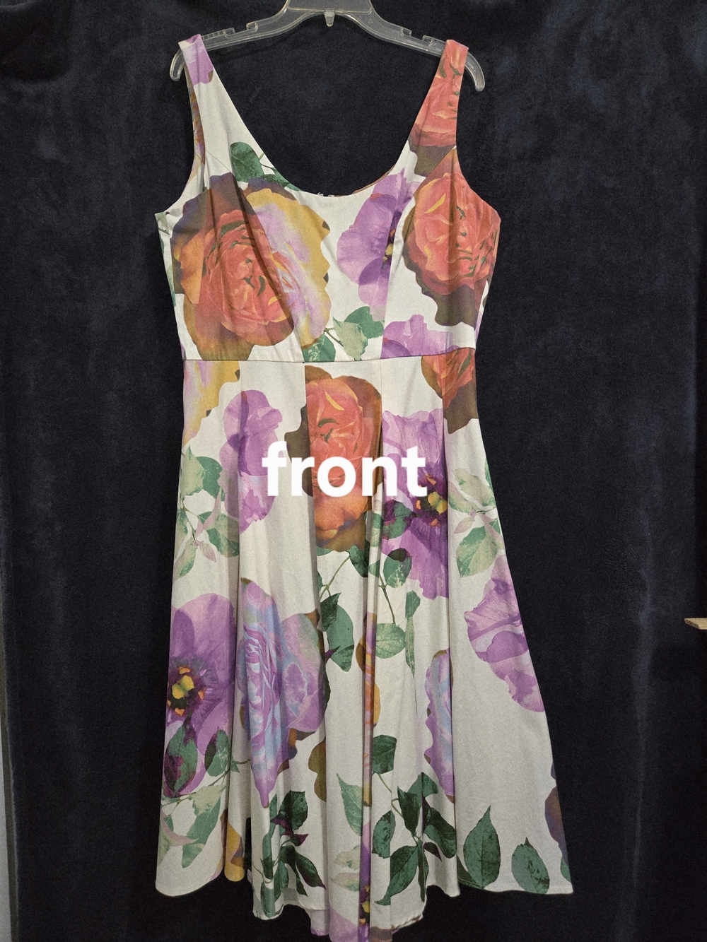 Sleeveless Floral Scoop-Neck Dress in White with Purple & Orange Roses